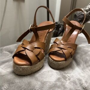 Brown Wedge Shoes with Crisscross Straps and Ankle Buckle